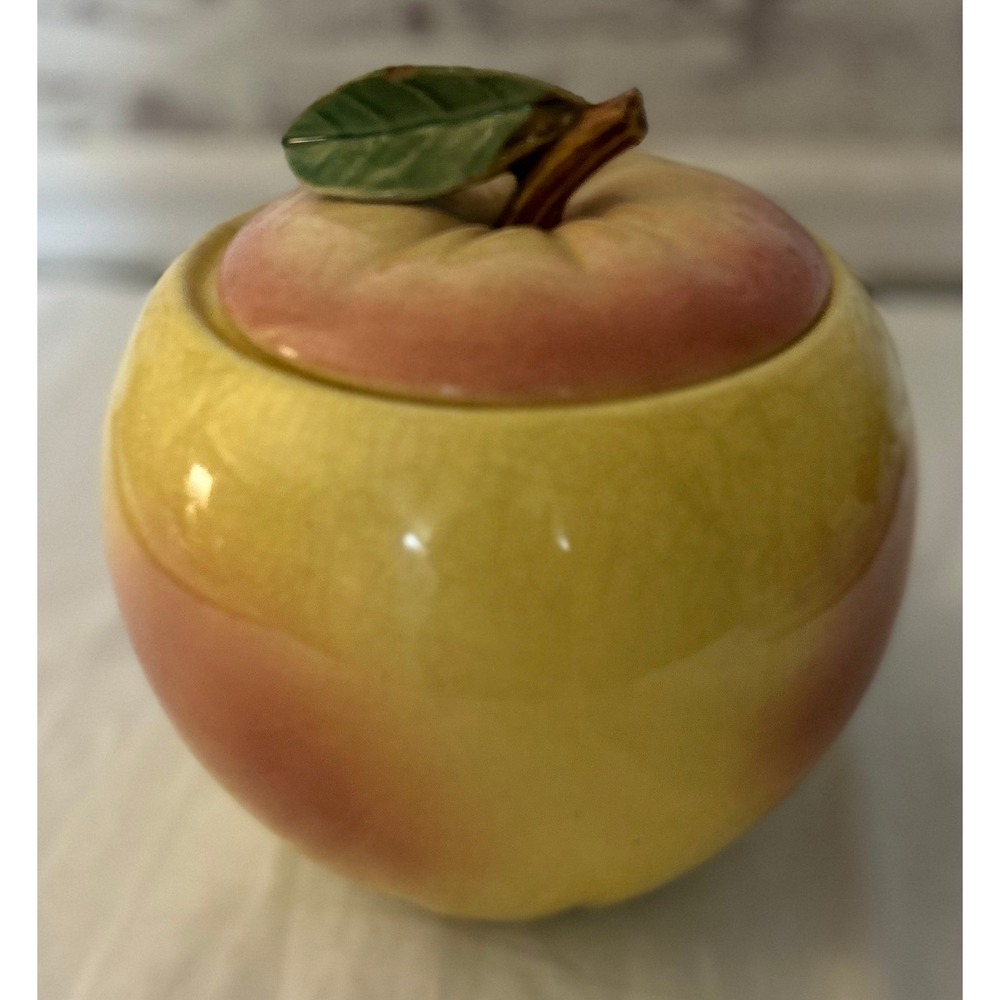 Mccoy USA Ceramic Apple Cookie Jar Vintage Yellow Pink Good Crazed Farmhouse